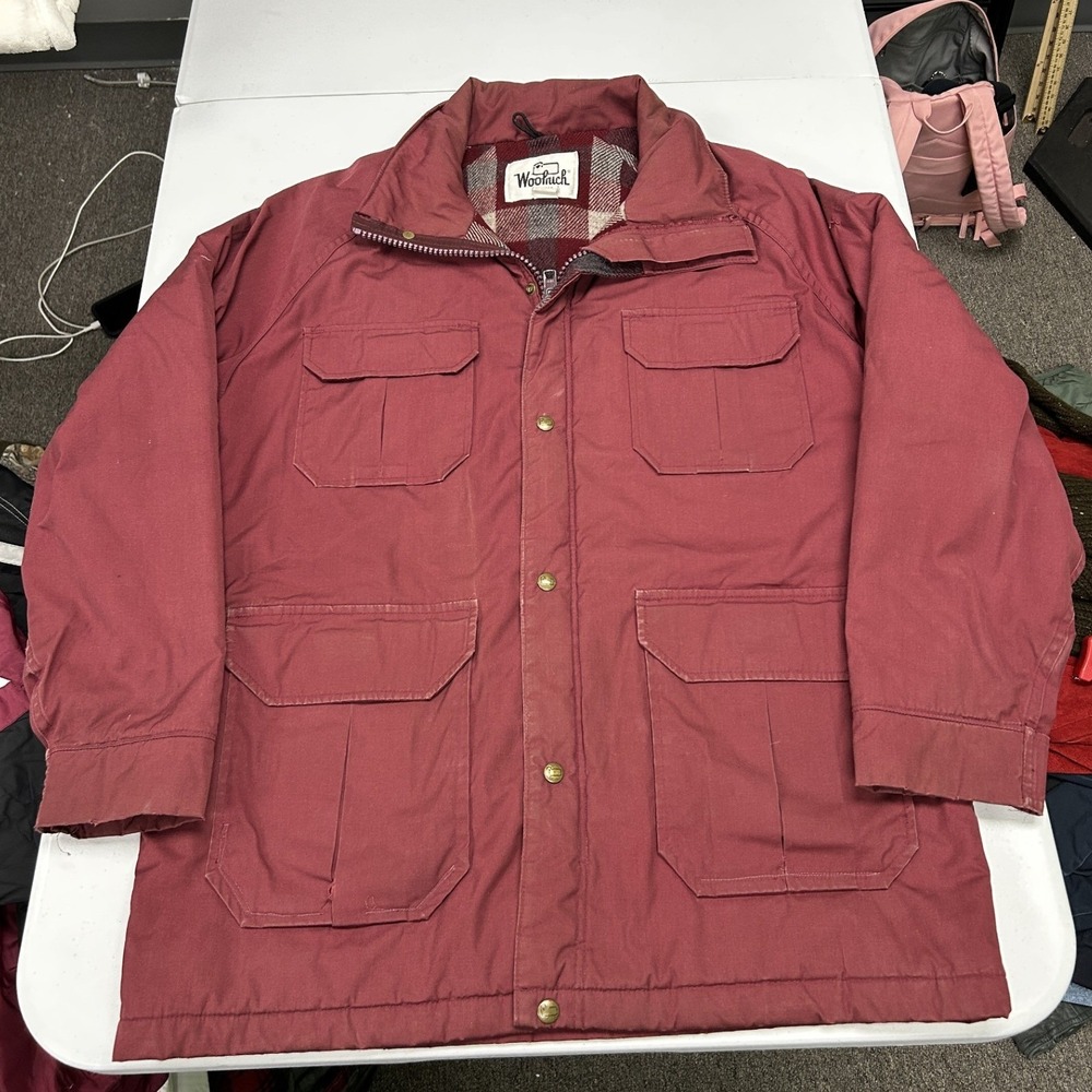 Woolrich Field Jacket Mens XL Burgundy Red Plaid Lined Canvas Utility Coat